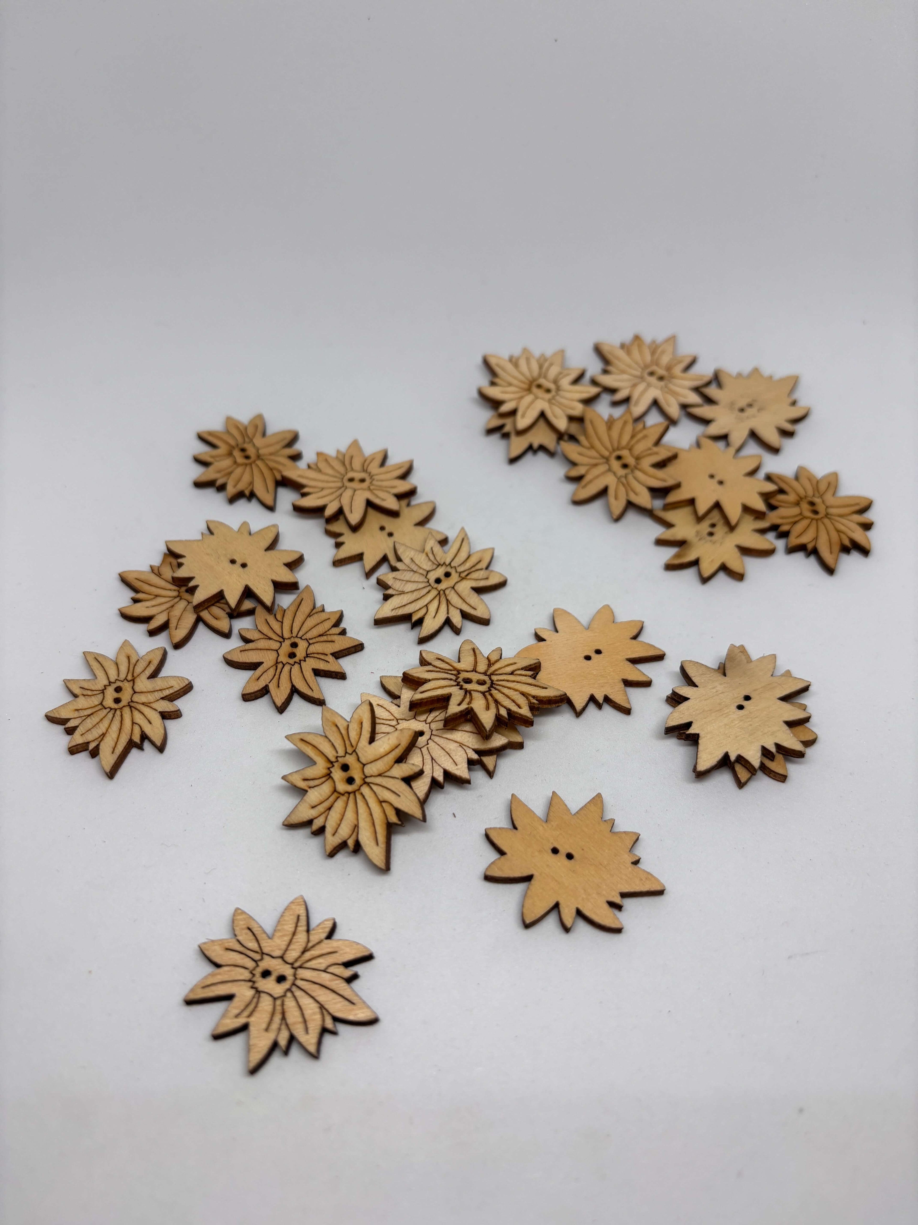 Botón de madera con forma de flor y 2 agujeros, ideal para sastrería clásica, diseño natural y artesanal. button