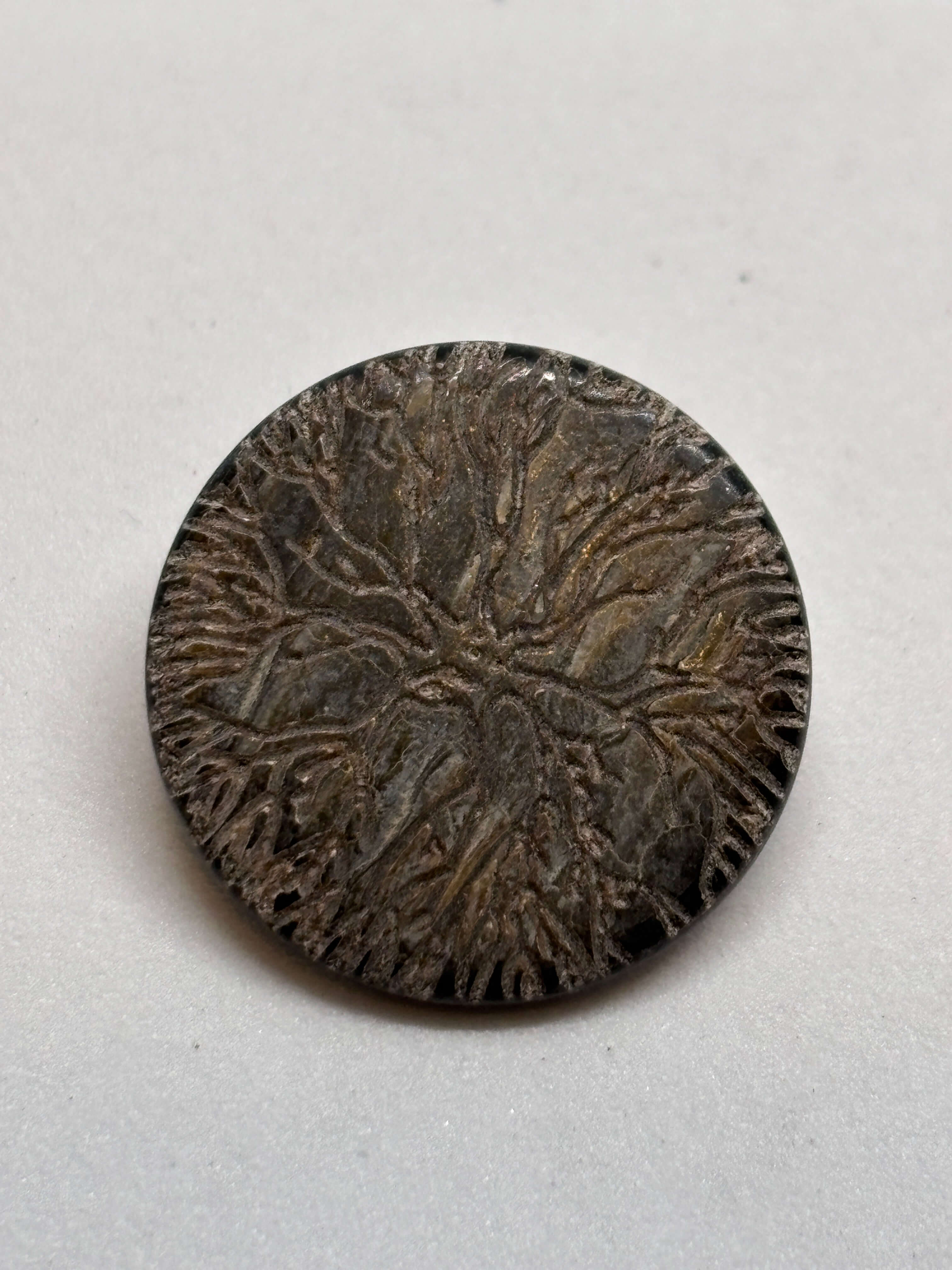 Botón Z668 de vástago en plata antiguo de 20mm con diseño de Árbol de la Vida y textura de corteza detallada. button